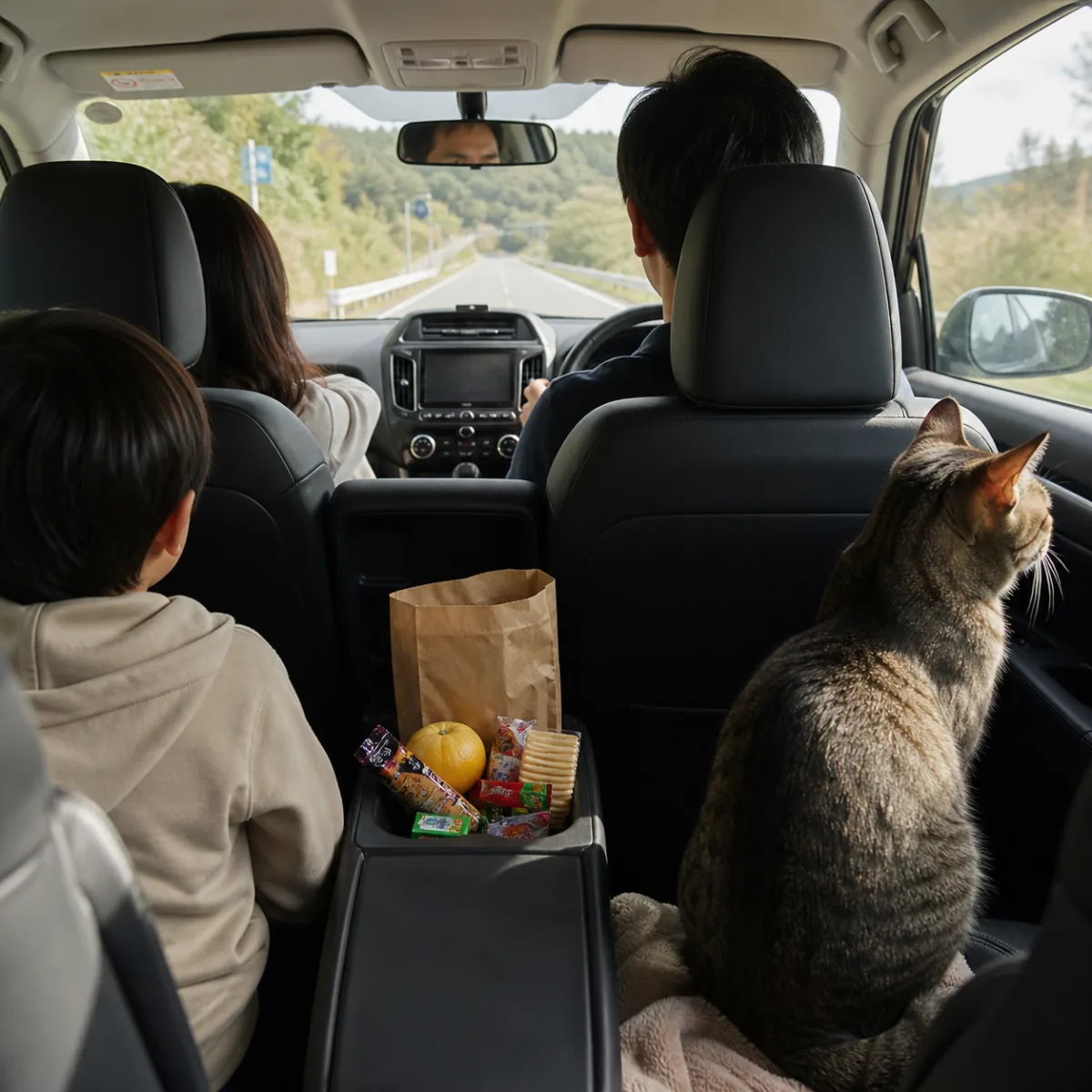 車内に並べた旅のお供のお菓子と窓辺の猫
